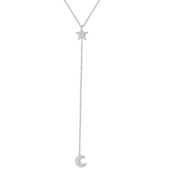 EMILIANO JEWELLERY 925 AYAR GÜMÜŞ YILDIZ OBJE ZİNCİR SALANTI HİLAL BEYAZ TAŞLI KOLYE