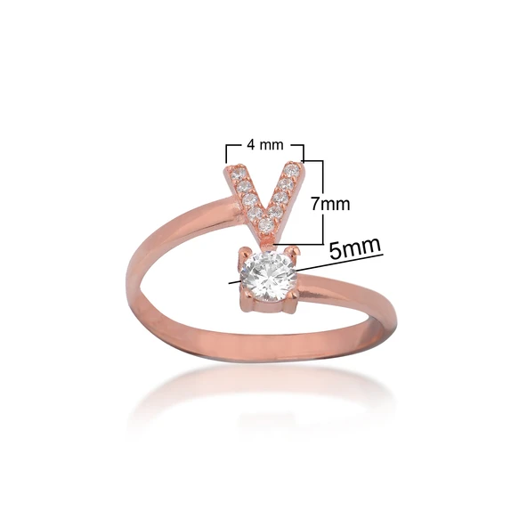 Zirkon Taşlı Pırlanta Montür Rose Altın Kaplama V Harfli Gümüş Yüzük - Resim 2