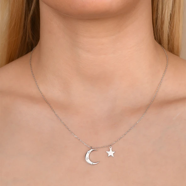 EMILIANO JEWELLERY SİLVER 925 AYAR ZİRKON TAŞLI AY YILDIZ KOLYE - Resim 3
