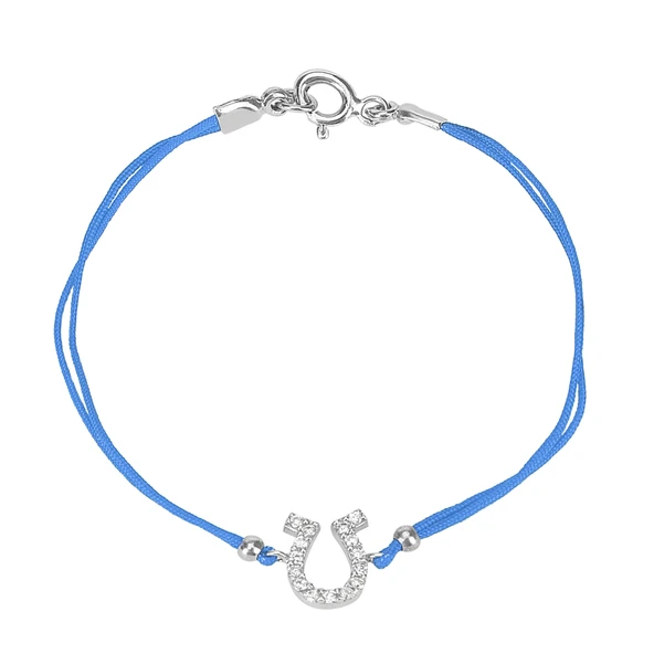 Zirkon Taşlı Pırlanta Montür Gümüş Rengi Kaplama Turkuaz İpli At Nalı Bileklik