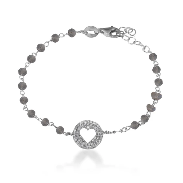 Zirkon Taşlı Pırlanta Montür Gümüş Rengi Altın Kaplama Boncuklu Kalp Gümüş Bileklik