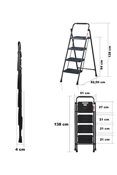 Perilla 51404 Stepla Geniş 4 Basamaklı Katlanır Merdiven Eurotower Siyah - Resim 5