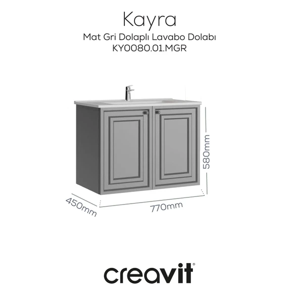 Kayra Lavabo Dolabı Kapaklı 80cm Mat Gri ürün görseli