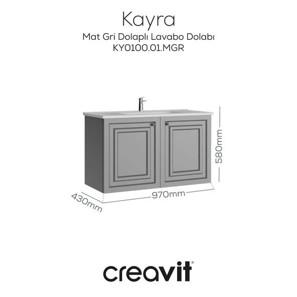 Kayra Lavabo Dolabı Kapaklı 100cm Mat Gri ürün görseli