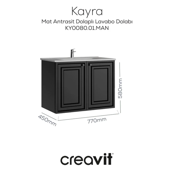 Kayra Lavabo Dolabı Kapaklı 80cm Mat Antrasit ürün görseli
