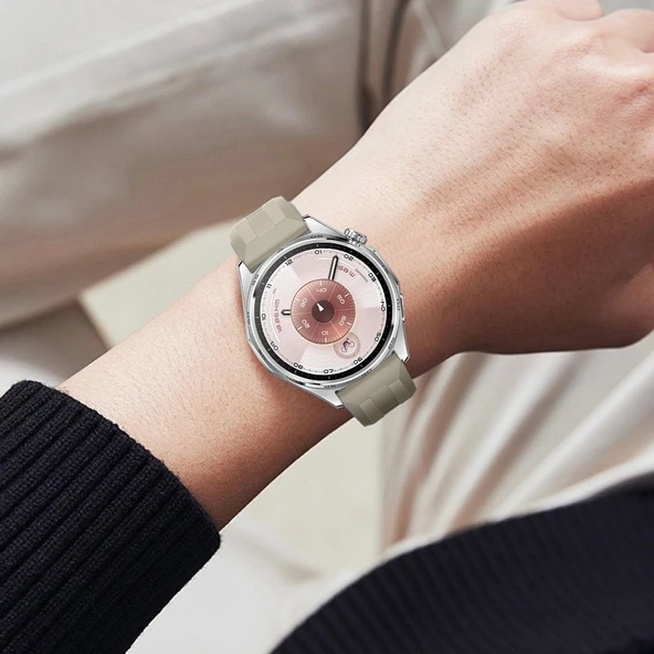 Sneezy Huawei Watch GT6 46mm İle Uyumlu Spor Silikon Metal Tokalı Soft Saat Kordonu  Krem - Resim 6