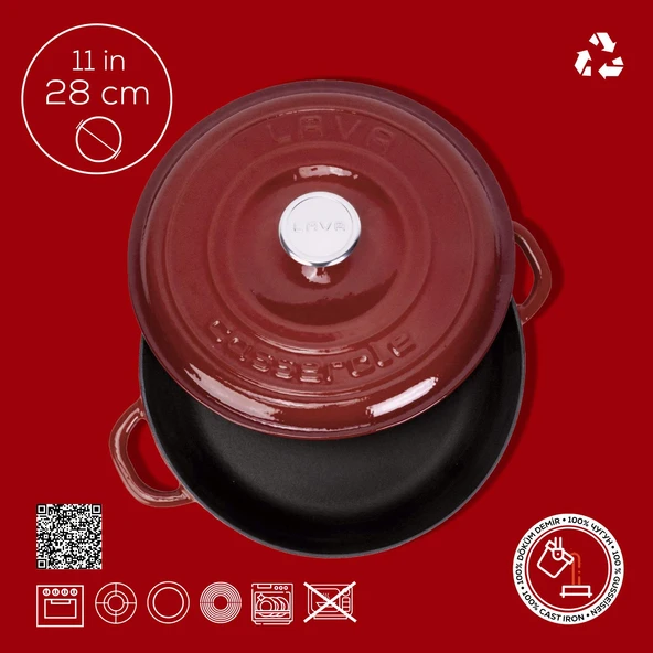 Lava Döküm Yuvarlak Çok Amaçlı Yayvan Tencere New Heritage Serisi Çap(Ø)28cm.-Bordo - Resim 4