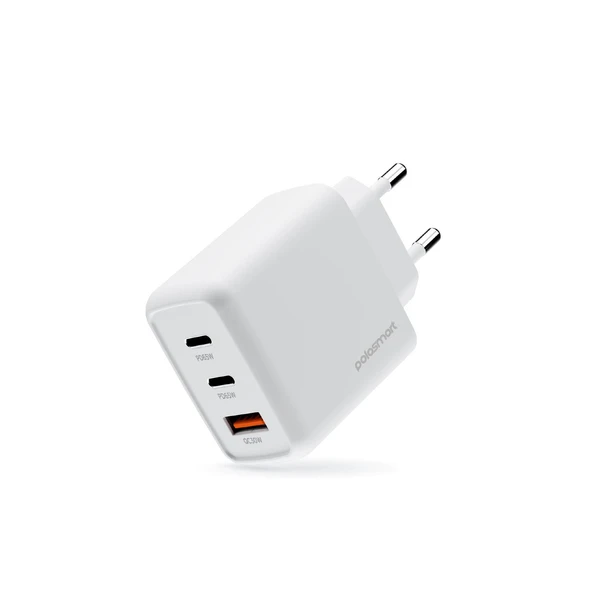 Polosmart PSM135 65W PD Hızlı Şarj Adaptörü 2 Type-C + USB Çıkış (3 Port) Güvenli Şarj Beyaz