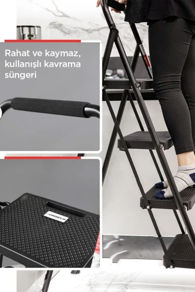 Perilla 51404 Stepla Geniş 4 Basamaklı Katlanır Merdiven Eurotower Siyah - Resim 3