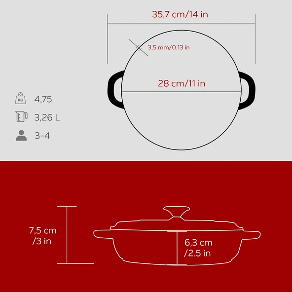 Lava Döküm Yuvarlak Çok Amaçlı Yayvan Tencere New Heritage Serisi Çap(Ø)28cm.-Bordo - Resim 5