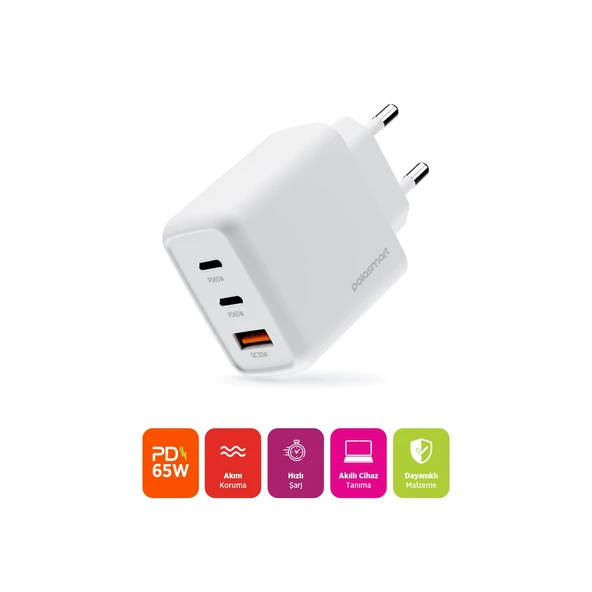 Polosmart PSM135 65W PD Hızlı Şarj Adaptörü 2 Type-C + USB Çıkış (3 Port) Güvenli Şarj Beyaz - 2