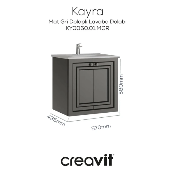 Kayra Lavabo Dolabı Kapaklı 60cm Mat Gri ürün görseli