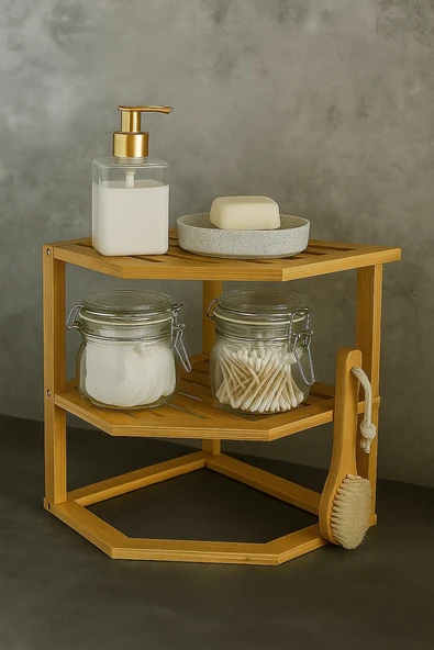 Doğal Bambu 2 Katlı Çok Amaçlı Köşe Raf – Banyo, Mutfak ve Dekoratif Organizer BR-6713 - Resim 2