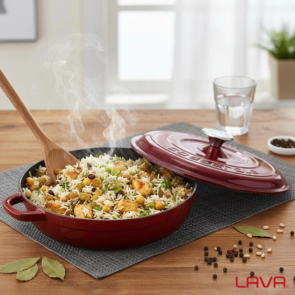 Lava Döküm Yuvarlak Çok Amaçlı Yayvan Tencere New Heritage Serisi Çap(Ø)28cm.-Bordo - Resim 7