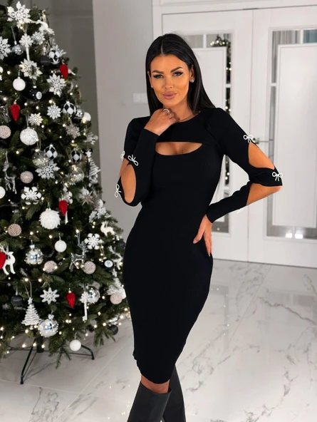 Kadın Dekolte Detaylı Scuba Dalgıç Kumaş Taş Aksesuarli Elbise ürün görseli 1