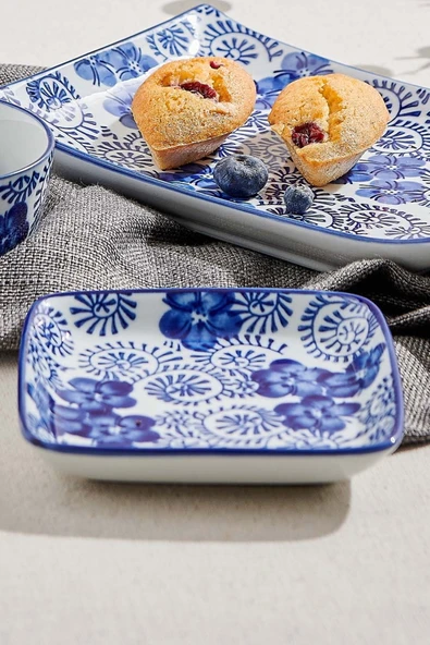 Anemon Porselen Kare Servis Tabağı Mavi Beyaz 1 Adet