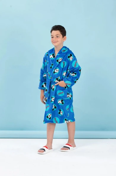 Özdilek Disney Lisanslı Mickey Smile Mavi Nakışlı 7-8 Yaş Kapüşonlu Çocuk Bornozu - 2