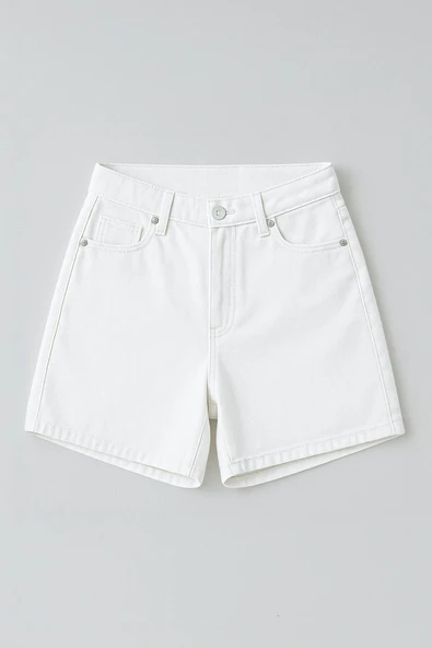 Kadın Yüksek Bel %100 Pamuk Ekru Jean Şort