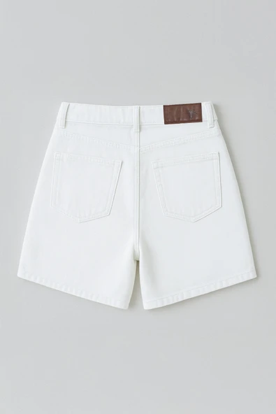 Kadın Yüksek Bel %100 Pamuk Ekru Jean Şort - 2