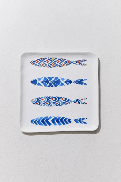 Balık Porselen Kare Servis Tabağı L Mavi Beyaz 1 Adet