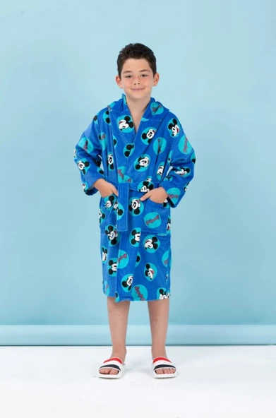 Özdilek Disney Lisanslı Mickey Smile Mavi Nakışlı 7-8 Yaş Kapüşonlu Çocuk Bornozu