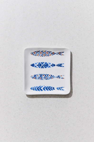 Balık Porselen Kare Servis Tabağı S Mavi Beyaz 1 Adet
