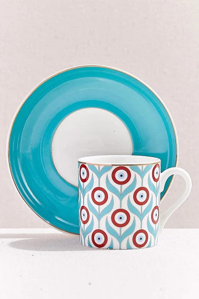 Turkuaz Beyaz Nazar Çiçeği Porselen Espresso Fincanı 1 Adet ürün görseli