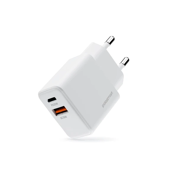 Polosmart PSM136 20W PD + 18W USB Hızlı Şarj Cihazı Çift Port Akıllı Tanıma Duvar Adaptörü Beyaz