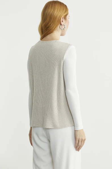Selanik Örgü Düğmeli Yünlü Triko Yelek - Taş - Resim 6
