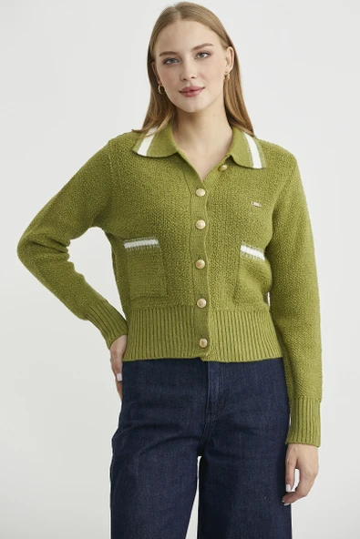 Polo Yaka Düğmeli Triko Hırka - Yeşil - Resim 3