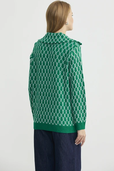 Çift Renk Kalın Yünlü Triko Hırka - Yeşil - Resim 6