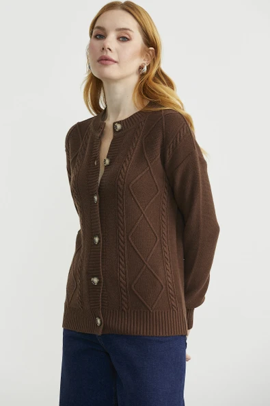 Düğmeli Oversize Angora Triko Hırka - Kahve - Resim 4