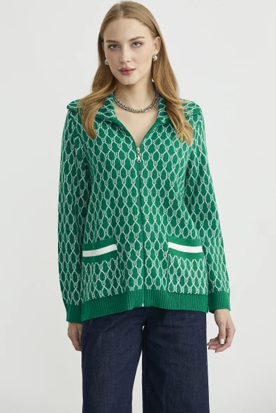 Çift Renk Kalın Yünlü Triko Hırka - Yeşil - Resim 3