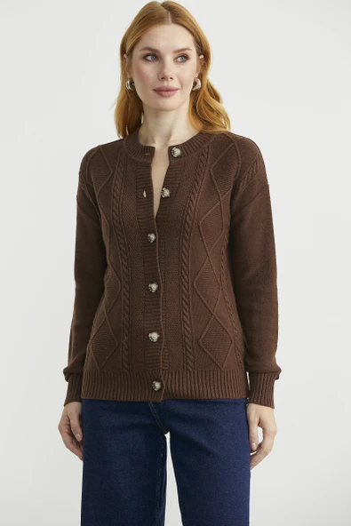 Düğmeli Oversize Angora Triko Hırka - Kahve - Resim 3