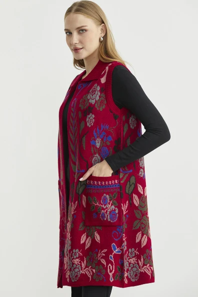 Renkli Çiçek Motifli Yünlü Uzun Triko Yelek - Kırmızı - Resim 4