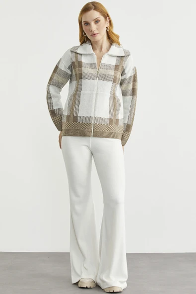 Ekose Blok Geçişli Yünlü Triko Hırka - Bej - Resim 2