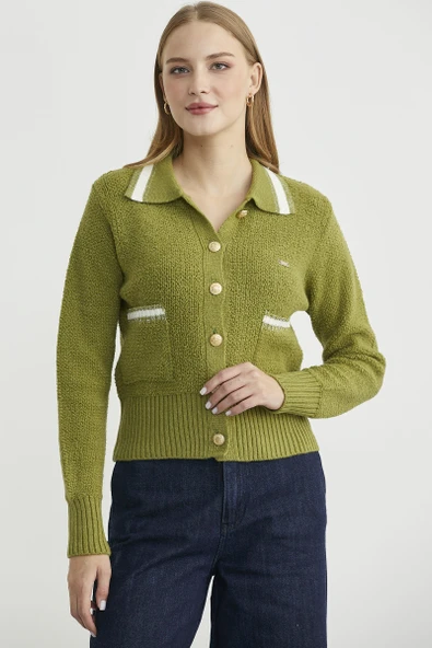 Polo Yaka Düğmeli Triko Hırka - Yeşil ürün görseli