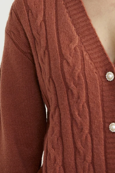 İnci Düğme Detaylı Triko Hırka - Taba - Resim 3