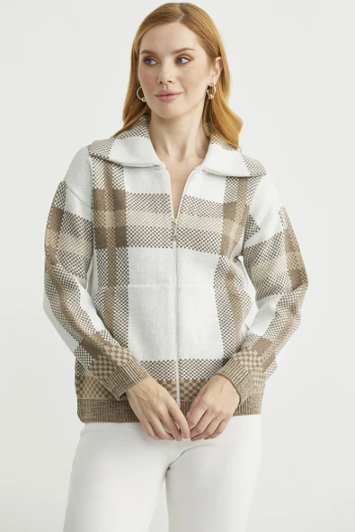 Ekose Blok Geçişli Yünlü Triko Hırka - Bej - Resim 3