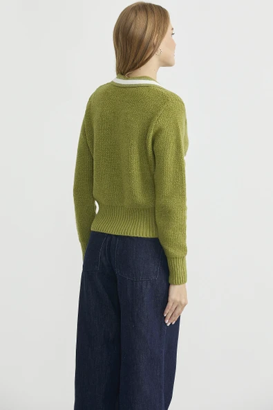 Polo Yaka Düğmeli Triko Hırka - Yeşil - Resim 6