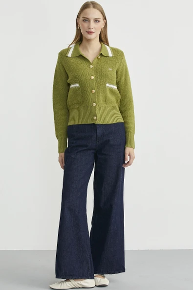 Polo Yaka Düğmeli Triko Hırka - Yeşil - Resim 2