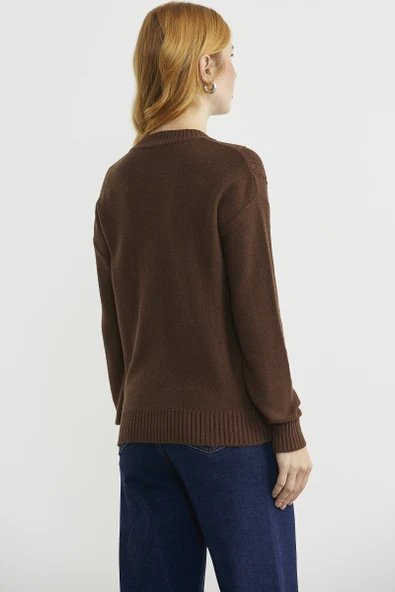 Düğmeli Oversize Angora Triko Hırka - Kahve - Resim 5