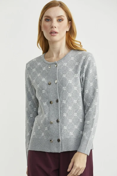 Logolu Düğme Detaylı Triko Hırka - Gri - Resim 2