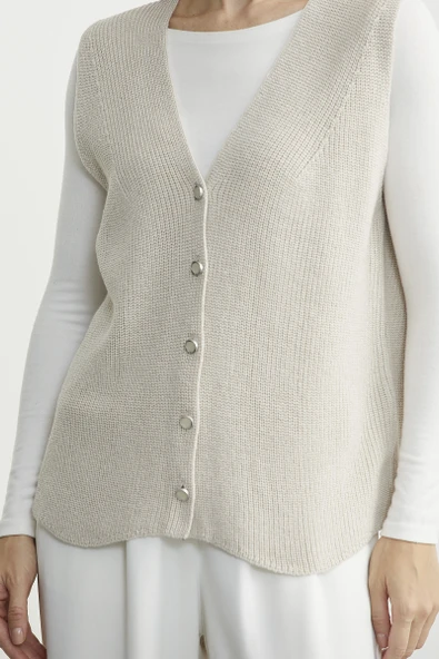 Selanik Örgü Düğmeli Yünlü Triko Yelek - Taş - Resim 5