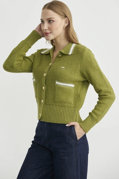 Polo Yaka Düğmeli Triko Hırka - Yeşil - Resim 4