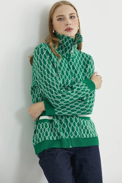Çift Renk Kalın Yünlü Triko Hırka - Yeşil ürün görseli