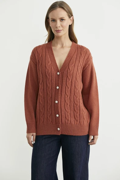 İnci Düğme Detaylı Triko Hırka - Taba ürün görseli