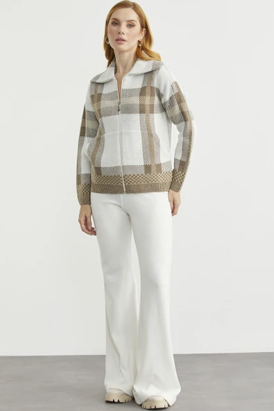 Ekose Blok Geçişli Yünlü Triko Hırka - Bej - Resim 5