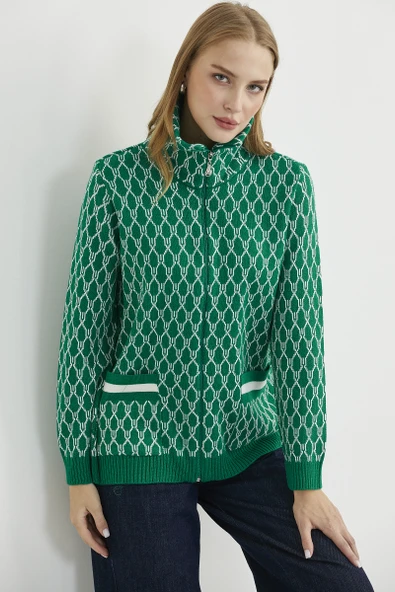 Çift Renk Kalın Yünlü Triko Hırka - Yeşil - Resim 2