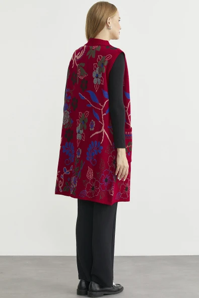 Renkli Çiçek Motifli Yünlü Uzun Triko Yelek - Kırmızı - Resim 5